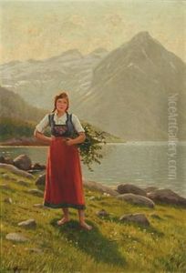 Norwegian Landscape With A Young Woman by Emma Normann
