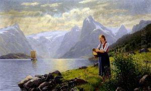 Sonnige Fjordlandschaft; Am Ufer Junge Sennerin by Emma Normann
