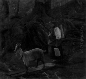 Ziegenhirtin An Einem Waldigen Bachlauf by Rudolf Von Normann