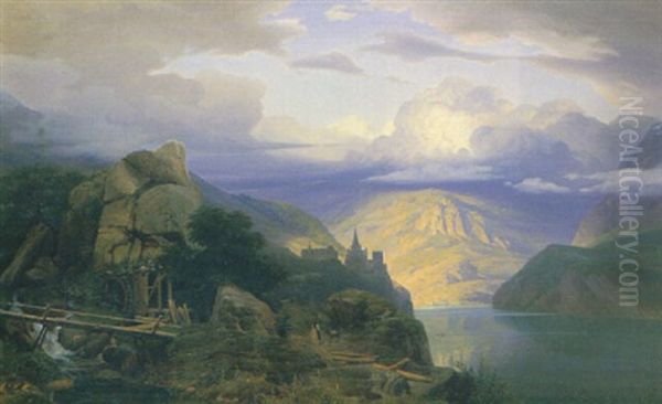 Gebirgslandschaft Mit See Und Burg - view 1