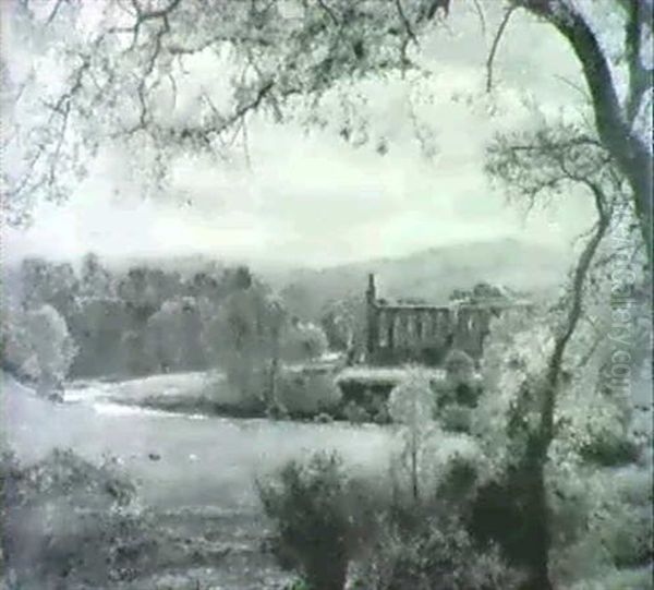 Pastoral Landscape With Sheep Grazing In A Meadow With Ruines Of An Abby Beyond - view 1