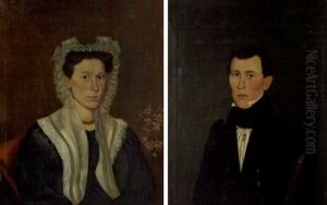 Portrait Of A Blue-eyed Man Seated In A Paint Decorated Thumbback Windsor Chair (+ Portrait Of A Woman Seated In Red Upholstered Scroll-back Chair Beside A Vase Of Flowers; Pair) by Noah North