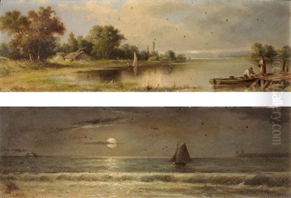 Voilier Au Clair De Lune Et Animation Sur Le Ponton (pair) - view 1
