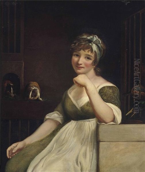 A Young Lady In A Green Dress, Seated In An Interior, With Ducks And Guinea Pigs - view 1