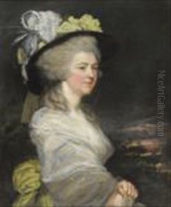 Portrait Of Mrs Frederick, Half Length, Wearing A Cream Lace Dress Decorated With Yellow Flowers
