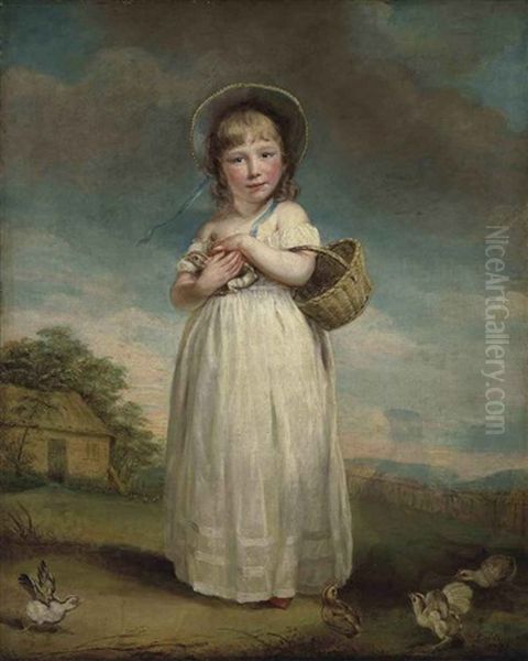 Portrait Of Harriet Bailey Foster, Later Mrs Charles Kennett, As A Child In A White Dress And Bonnet, Holding A Basket And A Chick, In A Rural Landscape - view 1