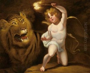 Ein Putto Mit Brennender Fackel Beschwort Einen Tiger