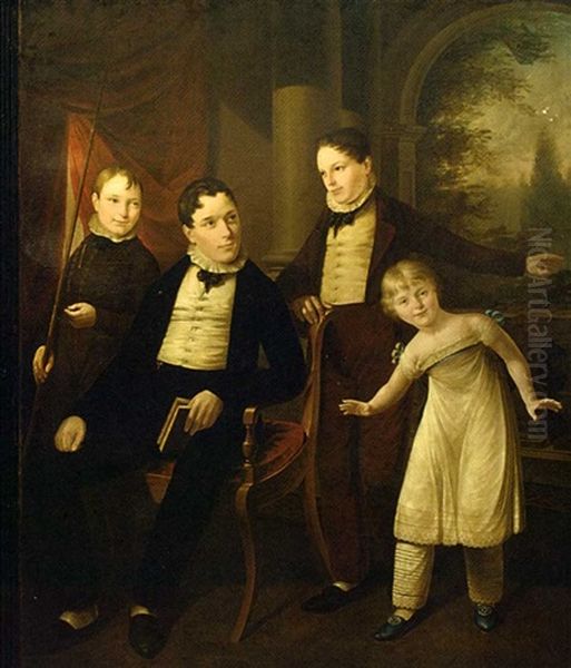 Group Portrait Of Four Children, One Seated With A Book And One With A Fishing Rod, In An Interior With A Terrace Beyond - view 1