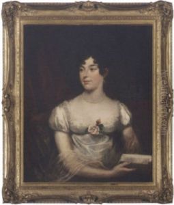 Portrait Of A Lady In A White Dress Holding A Book, Before A Red Curtain by James (Thomas J.) Northcote