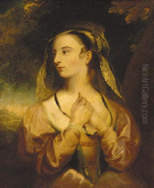 Portrait Of A Lady In A Pink Dress, Holding A Pendant, In A Landscape - view 1