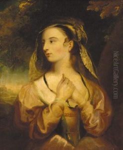 Portrait Of A Lady In A Pink Dress, Holding A Pendant, In A Landscape