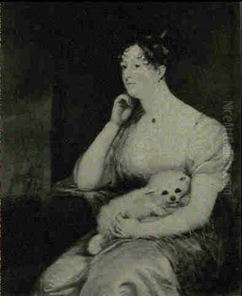 Portrait Of Anne Warrington, Seated Three-quarter Length, Wearing A Cream Dress And Blue Shawl, A Dog On Her Lap, A - view 1