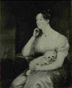 Portrait Of Anne Warrington, Seated Three-quarter Length,   Wearing A Cream Dress And Blue Shawl, A Dog On Her Lap, A