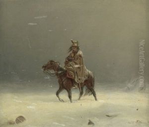 Reiter Mit Kind In Einer Winterlandschaft by Adolf Northen