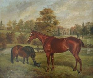 A Bay Hunter With A Pony And A Terrier In A Park By A "gothick" House