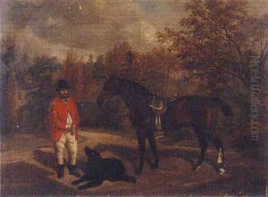 A Gentleman (a Member Of The Potter Family?) Standing With A Bay Hunter And Favourite Hound In A Garden Landscape