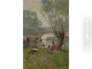Children Fishing On A River Bank