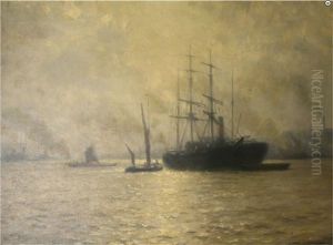 Vessels In Evening Light, Possibly Boston Harbour by William Edward Norton
