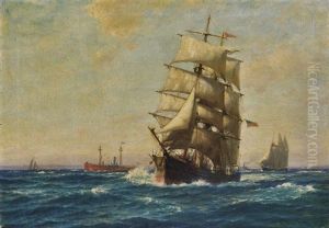 A Clipper Ship In Full Sail In The New York Harbor, With American Flags Flying And With Other Vessels In The Distance