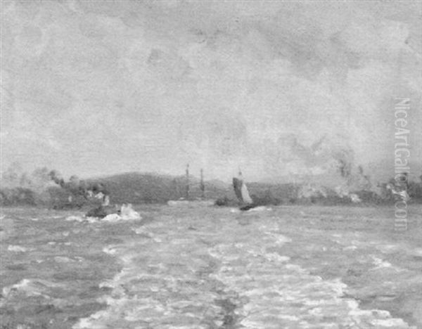 Gray Day, Wake Of A Boat In A Harbor - view 1