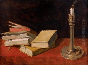Vanite Aux Livres Avec Une Bougie Sur Un Entablement by Charles-Emmanuel Bizet
