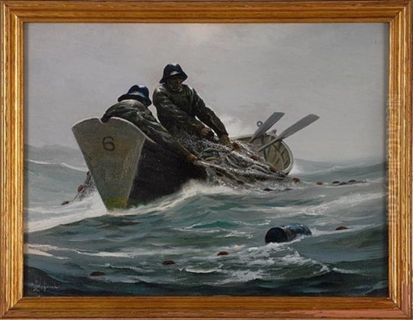 Two Fishermen In A Dory Hauling Nets - view 1