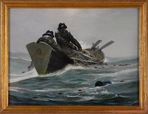Two Fishermen In A Dory Hauling Nets