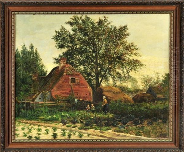 Mutter Mit Kindern Im Gemusegarten Hinter Einem Kleinen Backsteinhaus - view 1
