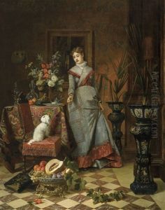 Bourgeois Interior With Lady And Her Little Dog by David de Noter
