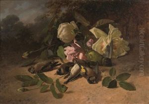 Nature Morte Aux Oiseaux (mesanges) Et Fleurs by David de Noter