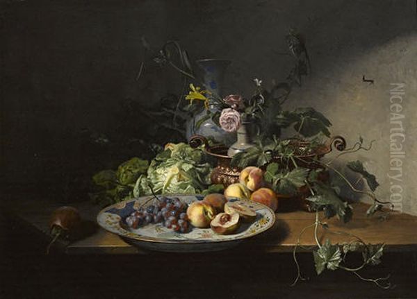 A Still Life Of Fruit And Vegetables With An Imari Dish, Copper Bowl And Other Porcelain - view 1