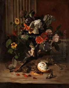 Blumenstilleben Mit Erlegten Wildhasen, Vogeln Und Einer Zitrone