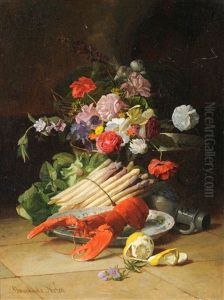 Still Life Of Flowers, Asparagus, Lobster And A Lemon