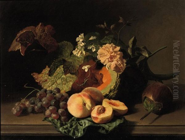 Roses, Peaches, Grapes And Other Fruits And Flowers On A Ledge - view 1