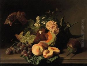 Roses, Peaches, Grapes And Other Fruits And Flowers On A Ledge