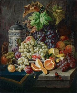 Stillleben Mit Weintrauben, Fruchten Und Steinzeugkrug by David Emile Joseph de Noter