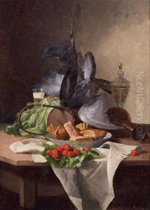 Still Life With Game, Fruit, Lettuce, Sweetbreads And Glasswear by David Emile Joseph de Noter