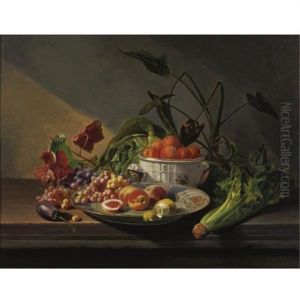 A Still Life With Fruit And Vegetables On A Table by David Emile Joseph de Noter