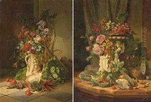 Fleurs, Fruits Et Oiseaux Sur Un Entablement (+ Fleurs, Legumes Et Lievre Sur Un Sol Dalle; 2 Works) by David Emile Joseph de Noter