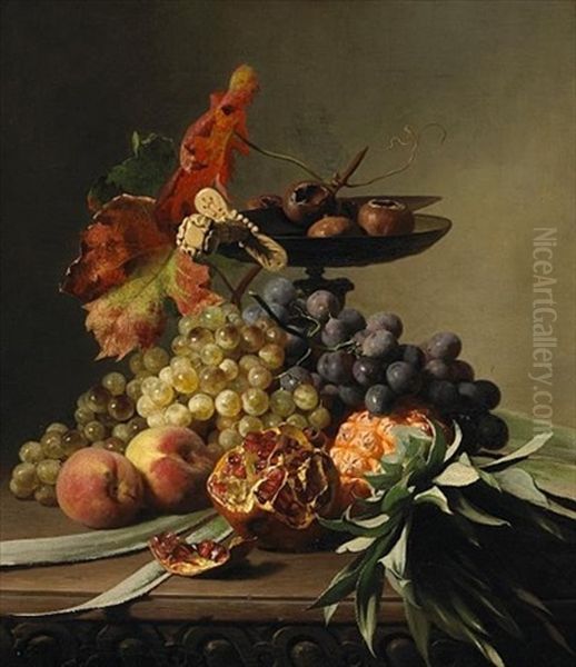 A Still Life With Grapes, Peaches, A Pineapple And A Pomegranate On A Table - view 1