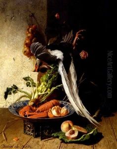 A Kitchen Still Life With A Pheasant, A Lobster, Various Fruits And Vegetables by David Emile Joseph de Noter