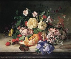 Bouquet De Fleurs Avec Des Oranges Sur Un Entablement by David Emile Joseph de Noter