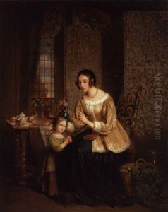 Interior Med Mor, Der Laerer Sin Lille Datter At Bede Aftenbon Interior Med Mor, Der Laerer Sin Lille Datter At Bede Aftenbon