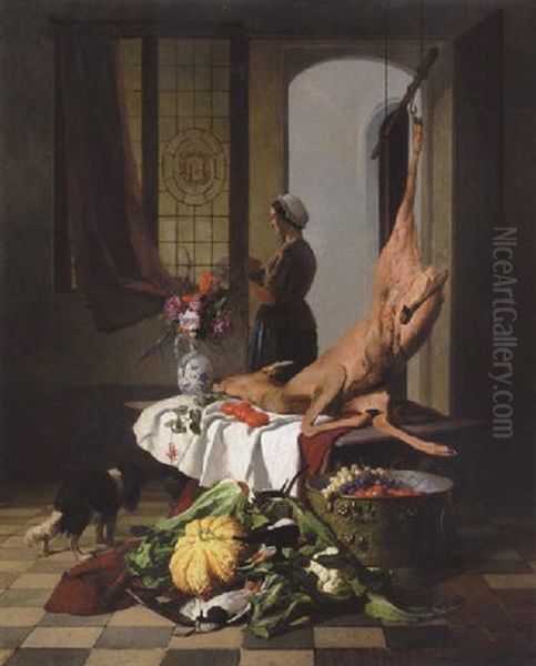Hollandsk Interior Med Tjenestepige Og Hund Ved En Opstilling Med Jagtbytte, Grontsager, Frugter Og Blomster - view 1