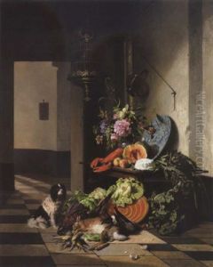 Hollandsk Interior Med Hund, Der Vogter Over Opstilling Med Jagtbytte, Rod Hummer, Grontsager Og Blomster