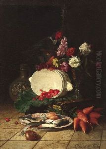 Variastilleben Mit Blumen, Frischem Gemuse, Waldbeeren Und Fischen by David Emile Joseph de Noter