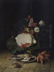 Stilleben Mit Blumen, Fruchten Und Fisch by David Emile Joseph de Noter