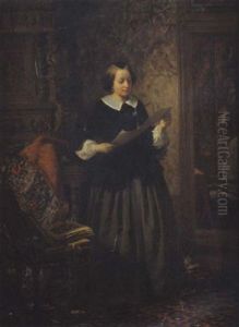 Une Jeune Femme Regardant Des Estampes Dans Un Interieur Flamand by David Emile Joseph de Noter