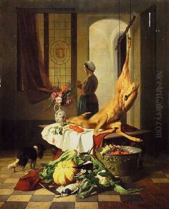 Interieur De Cellier Avec Servante Et Chien by David Emile Joseph de Noter