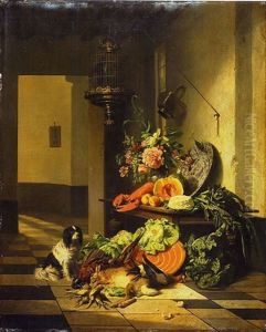 Interieur De Cellier Avec Chien Assis Pres De Trophees De Chasse by David Emile Joseph de Noter